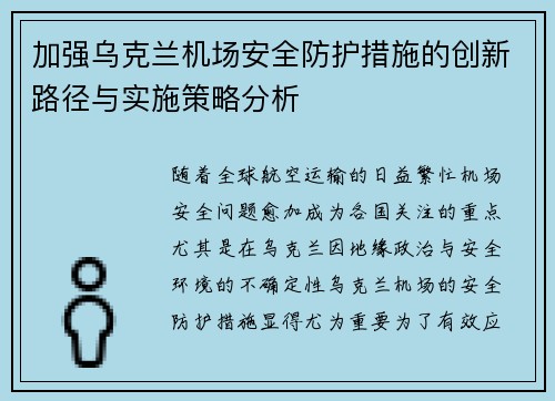 加强乌克兰机场安全防护措施的创新路径与实施策略分析
